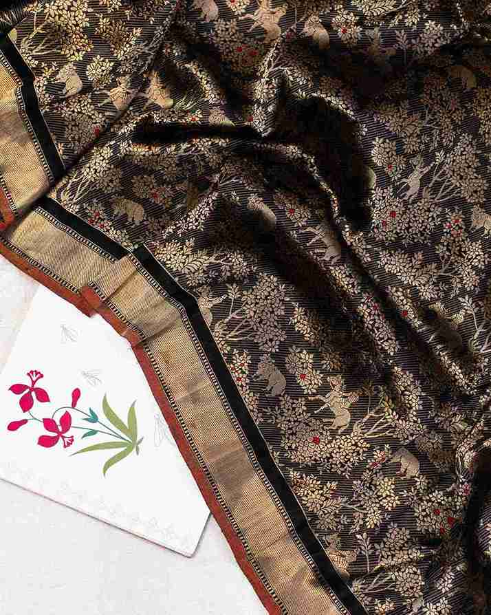 Black Banarasi Silk Shikaargah Saree Showcasing Flora and Fauna