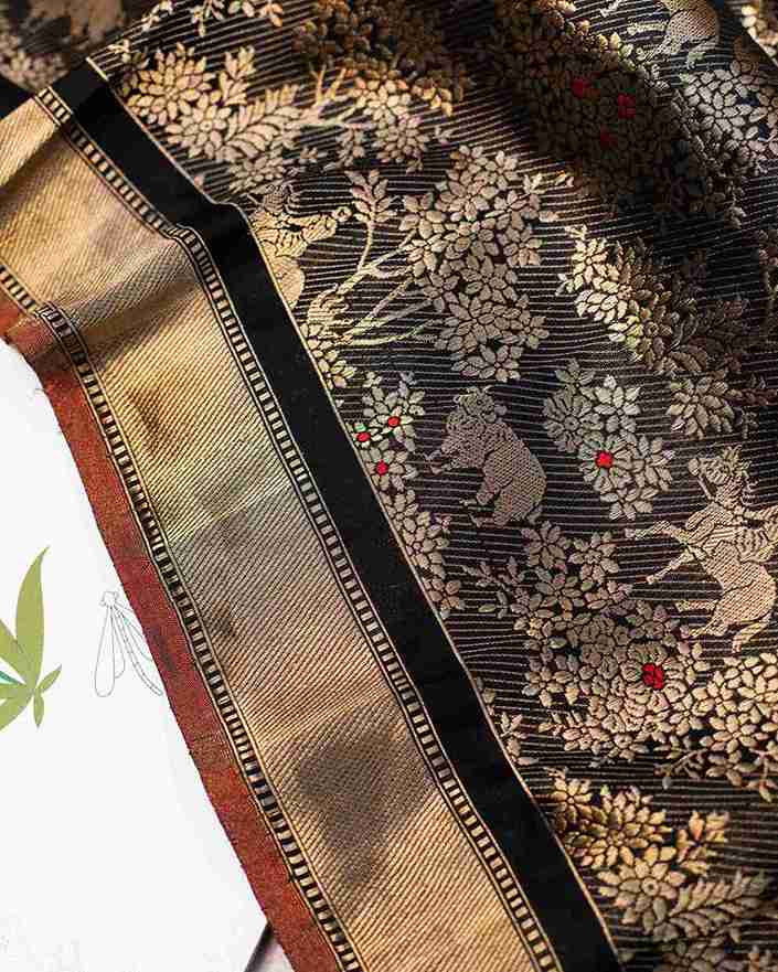 Black Banarasi Silk Shikaargah Saree Showcasing Flora and Fauna