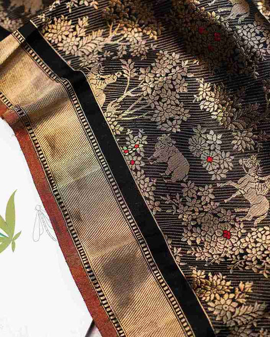 Black Banarasi Silk Shikaargah Saree Showcasing Flora and Fauna