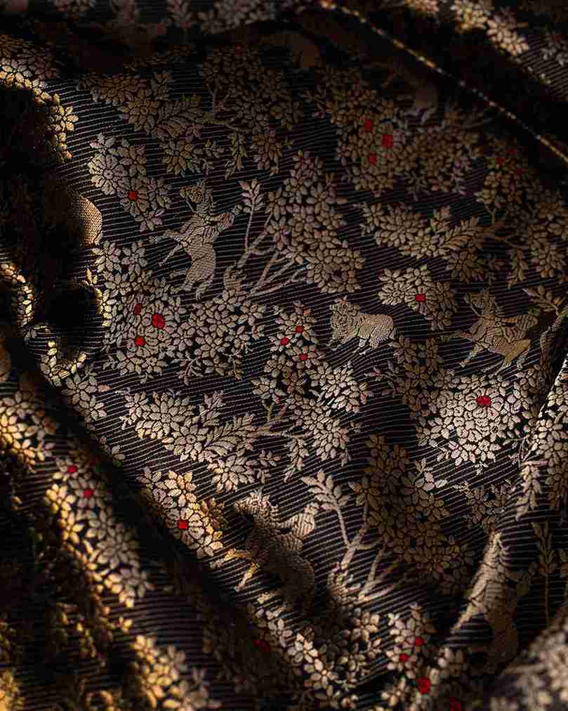 Black Banarasi Silk Shikaargah Saree Showcasing Flora and Fauna