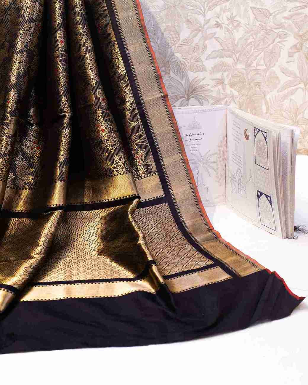 Black Banarasi Silk Shikaargah Saree Showcasing Flora and Fauna