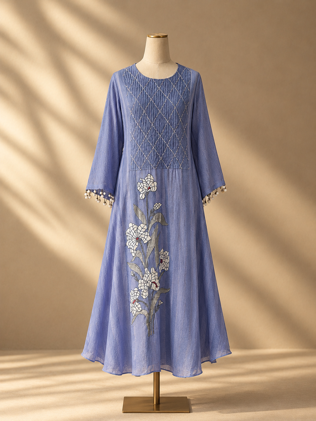 Sky Blue Layered Pintuck Kurta Dress with Floral Applique