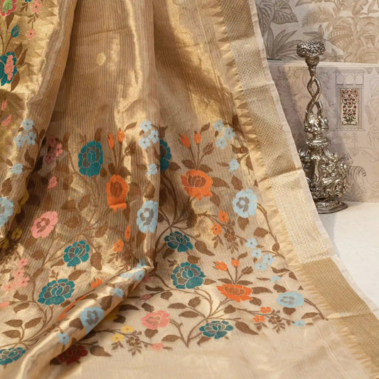 Gold Kota Tissue Saree with Floral Paithani Border