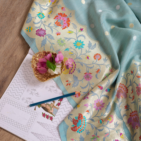 Sage Green Tussar Georgette Silk Saree