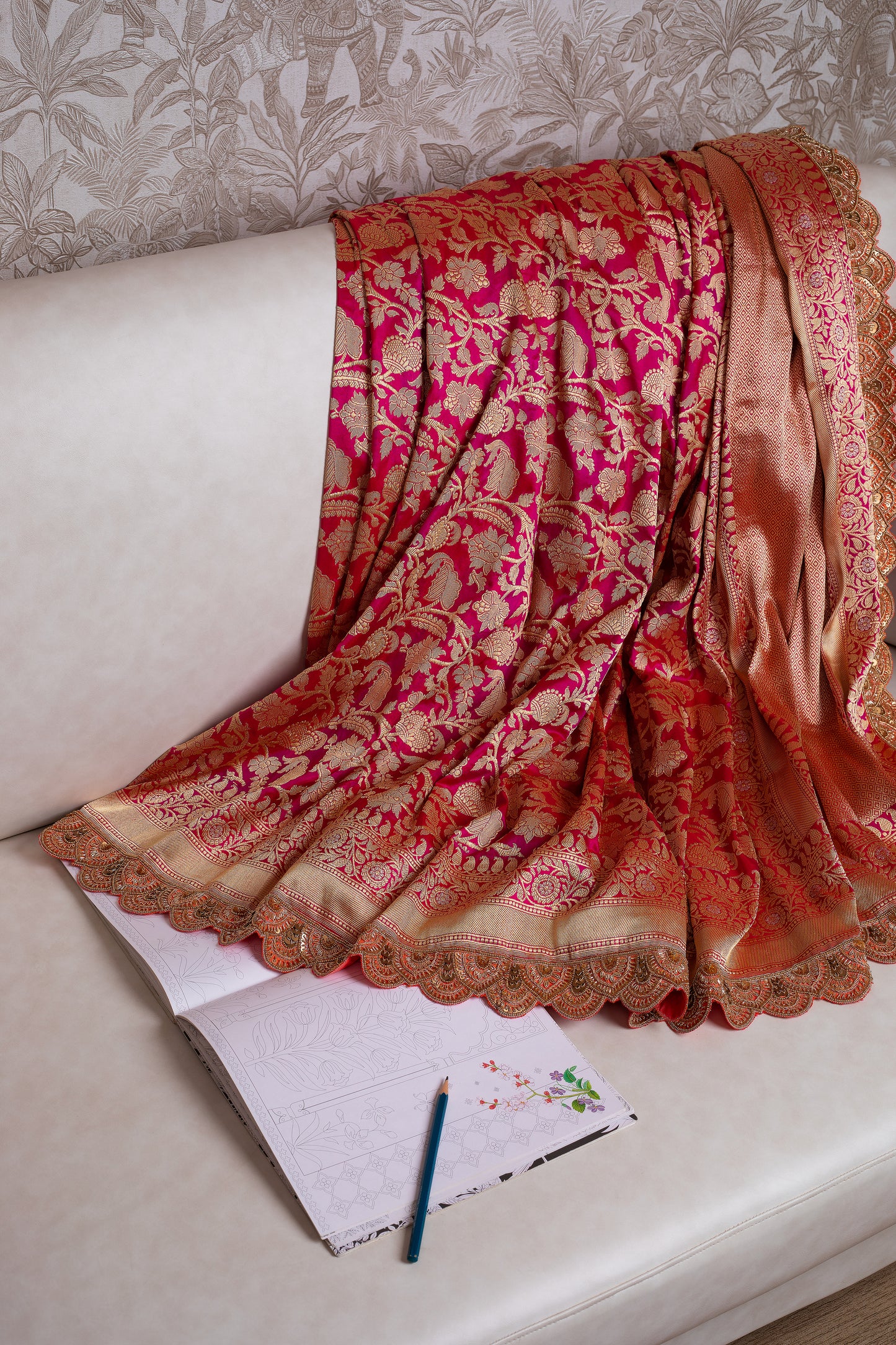 Red Banarasi Saree with Hand Embroidered Border