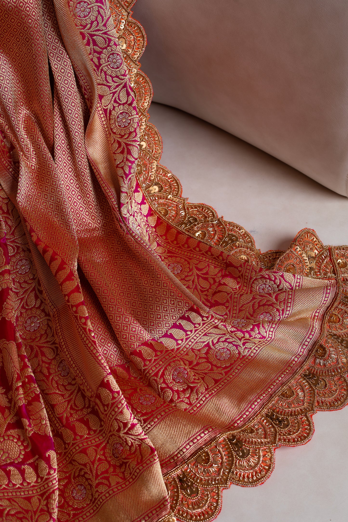 Red Banarasi Saree with Hand Embroidered Border