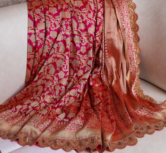 Red Banarasi Saree with Hand Embroidered Border