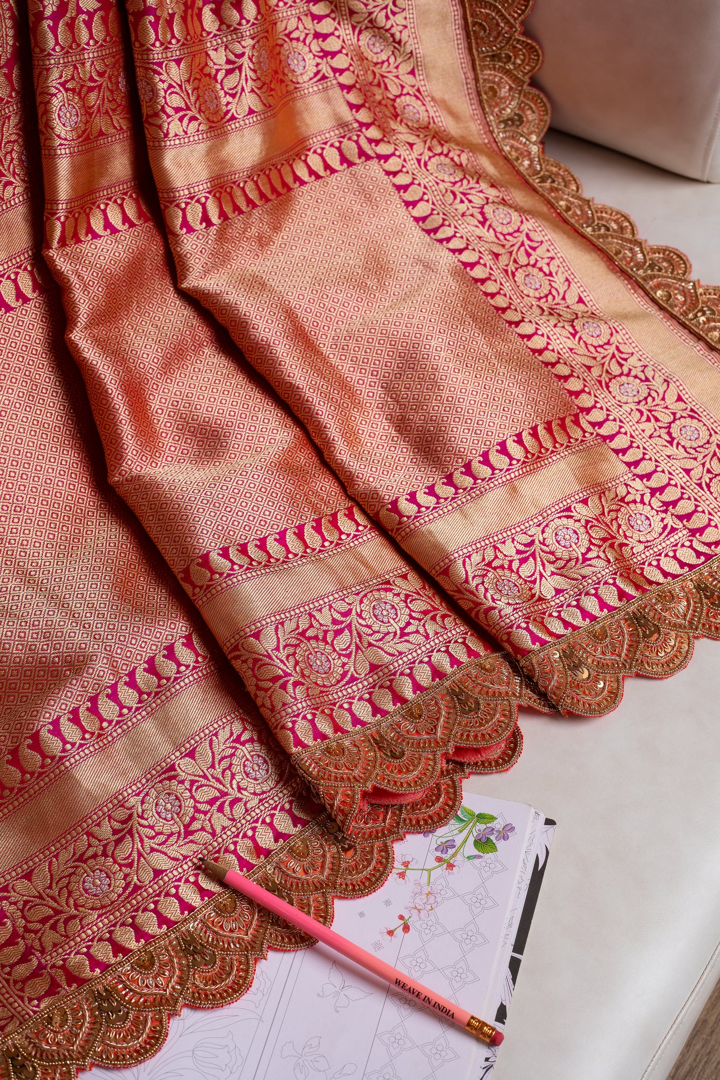 Red Banarasi Saree with Hand Embroidered Border