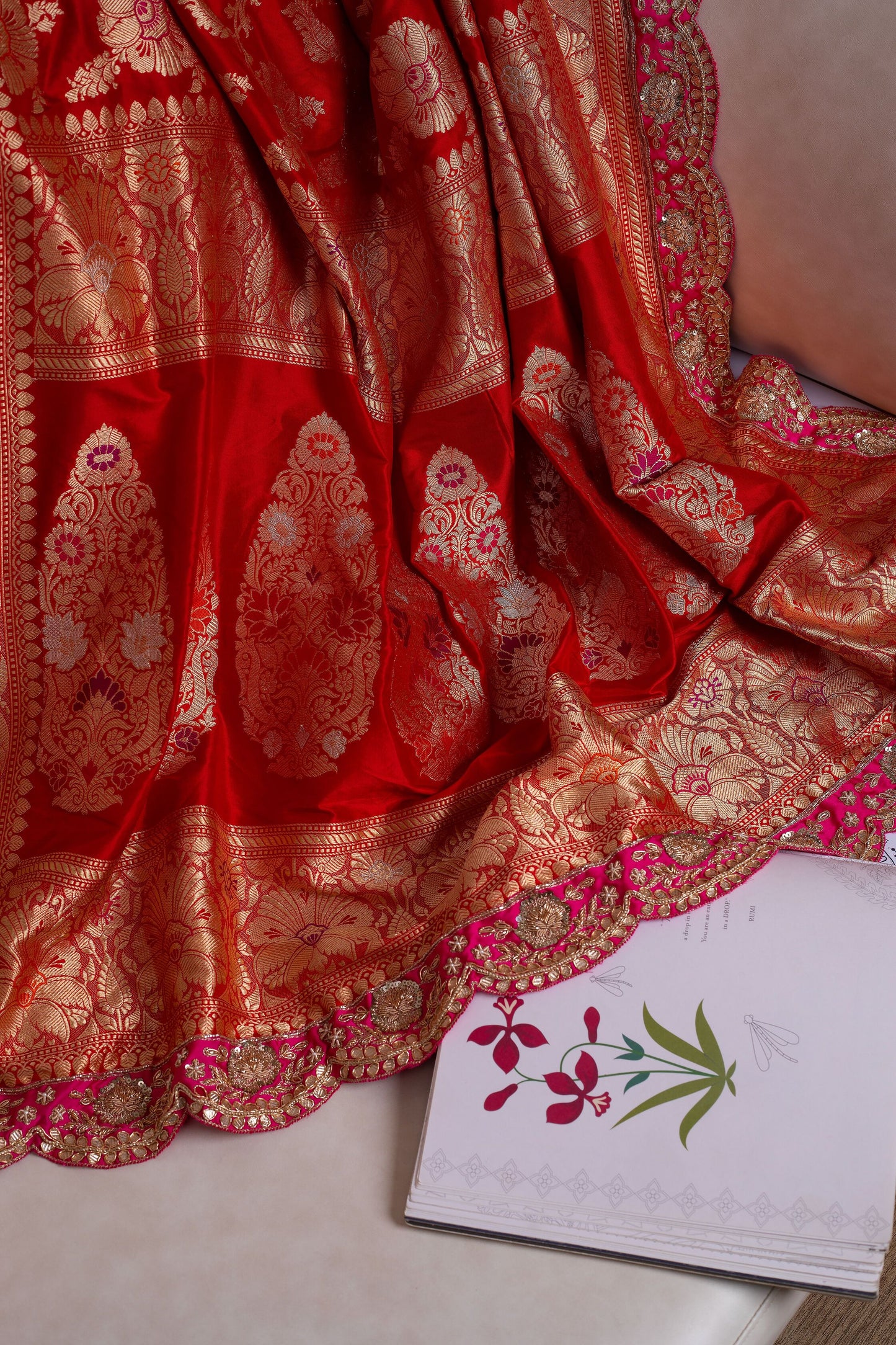 Red Banarasi Saree with hand embroidered Pink Border