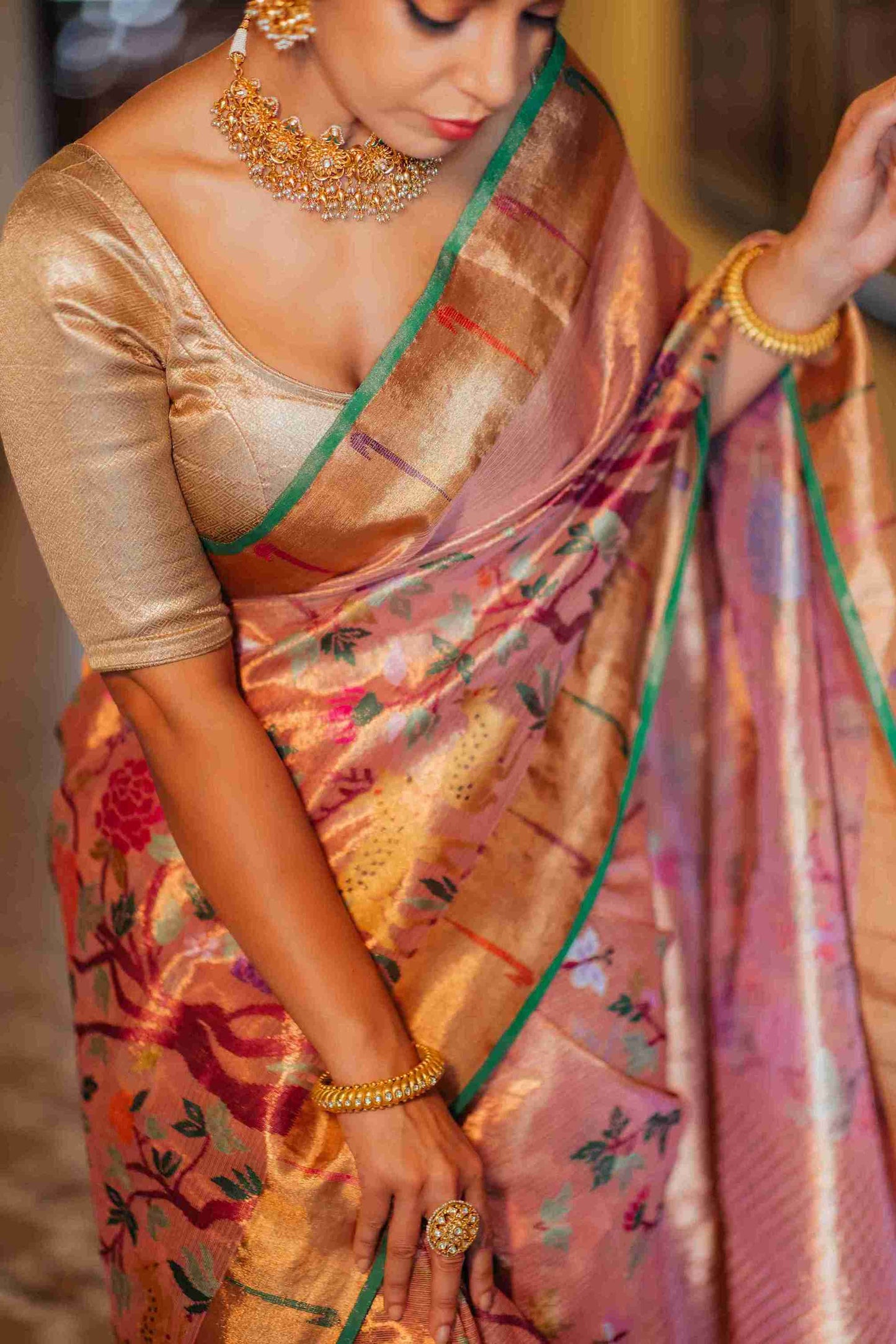 Stylewali in Rose Gold Kota Doria Saree