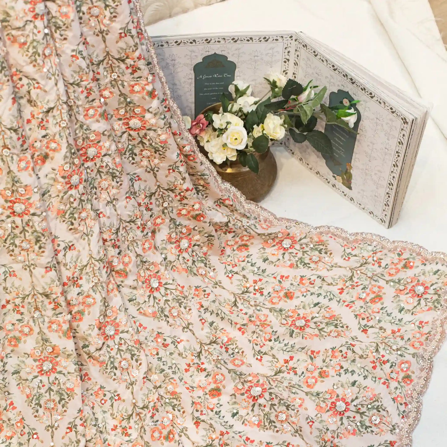 Light Pink Hand Embroidered Crepe Printed Sari