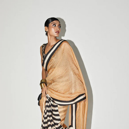 Orange Gold Stripe Tissue Saree