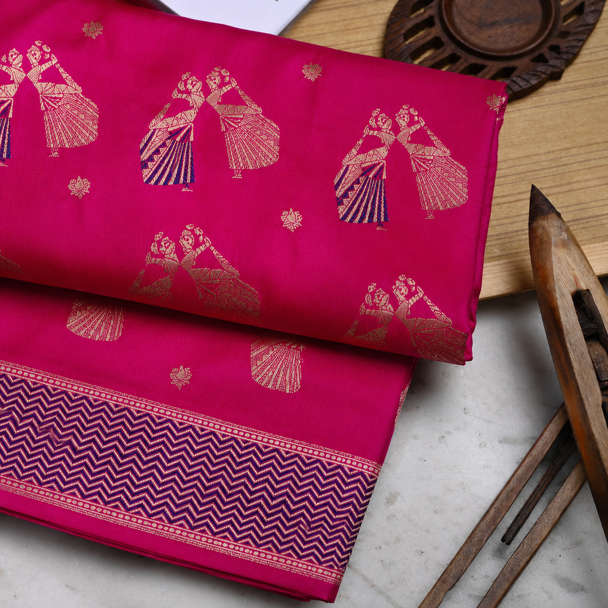 Rani Pink Handwoven Banarasi Dancing Dolls Katan Silk Saree