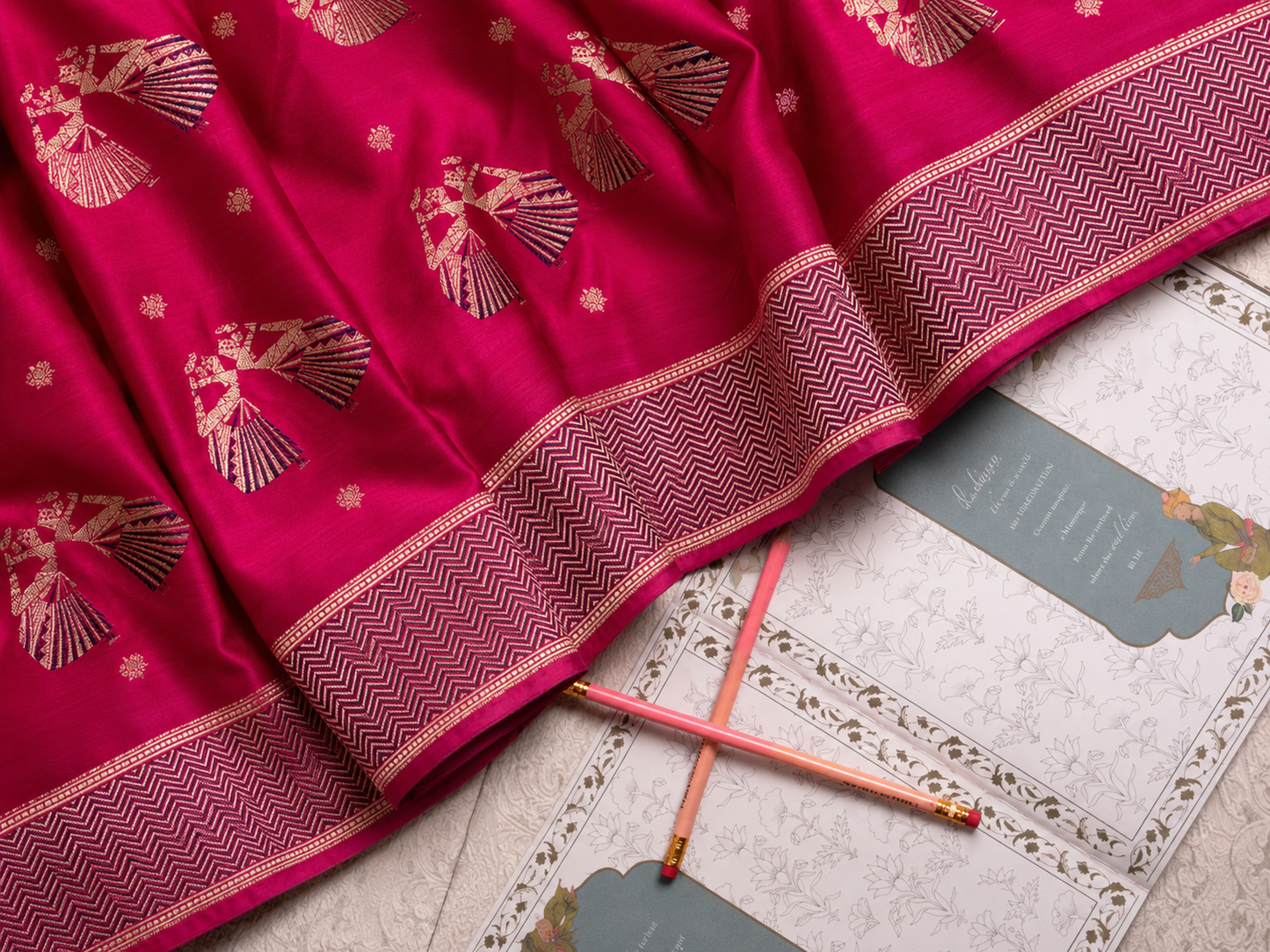 Rani Pink Handwoven Banarasi Dancing Dolls Katan Silk Saree