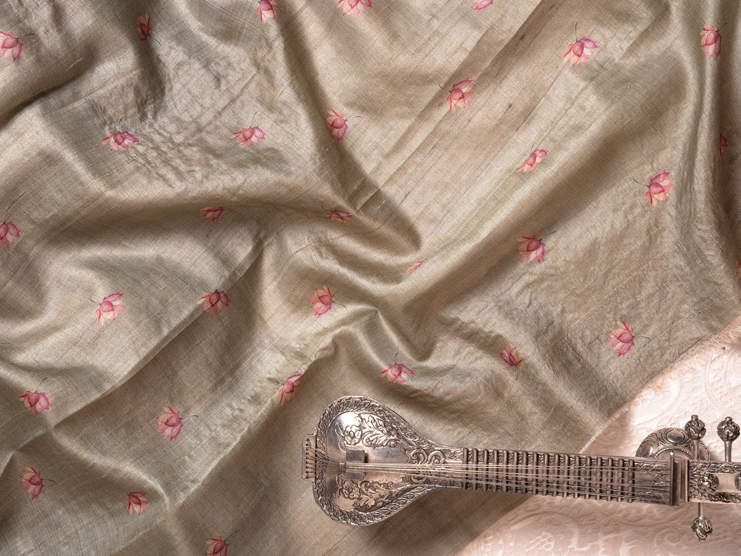 Sage Green Tussar Silk Saree with Hand-Painted Flamingos