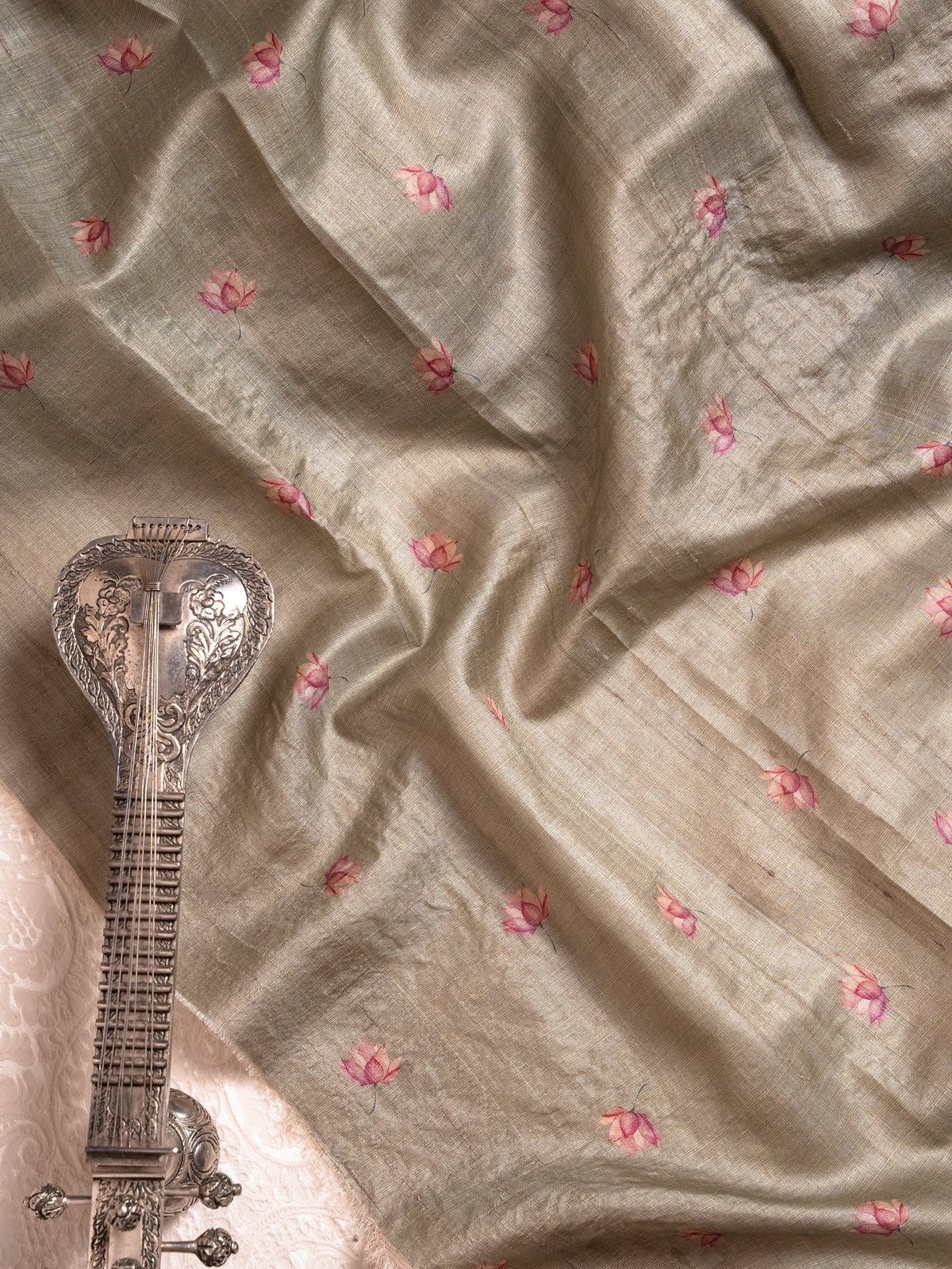 Sage Green Tussar Silk Saree with Hand-Painted Flamingos