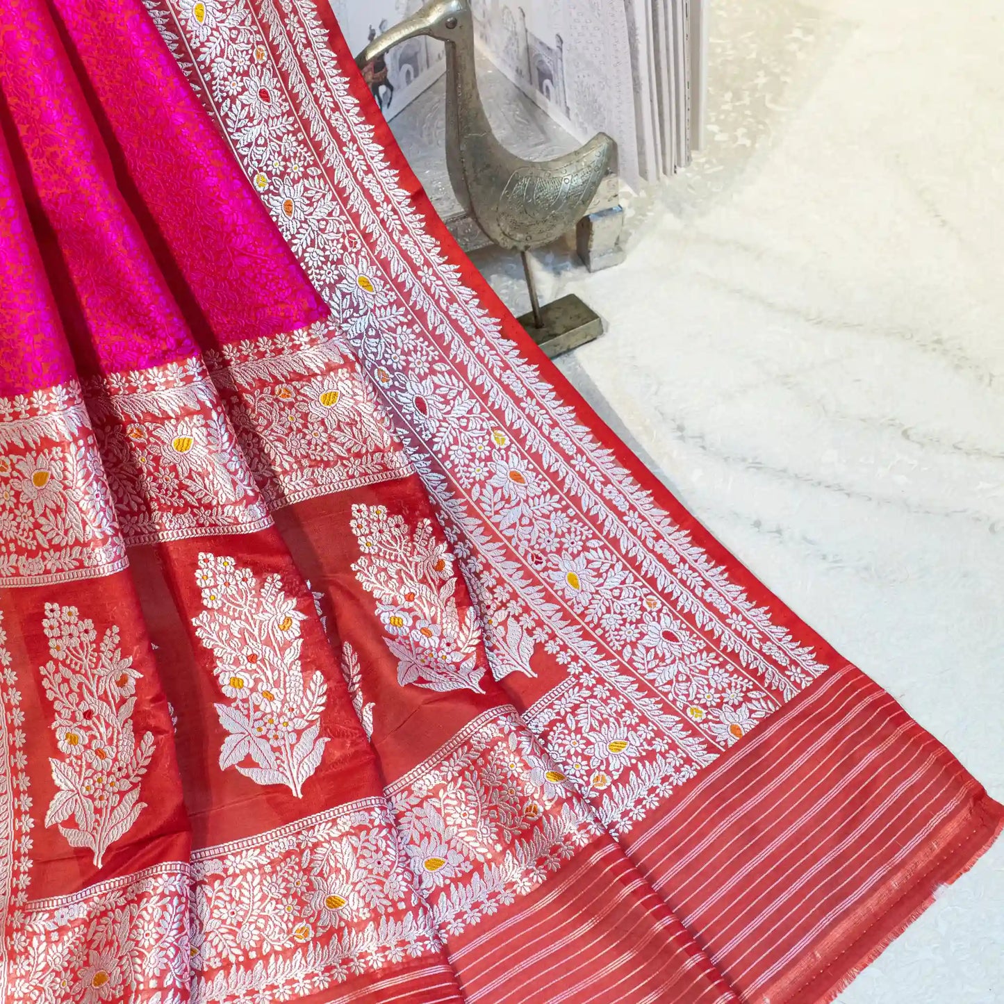 Scarlet Red and Fuchsia Tanchoi Silk Saree with Meenakari Jaal and Kadua Border