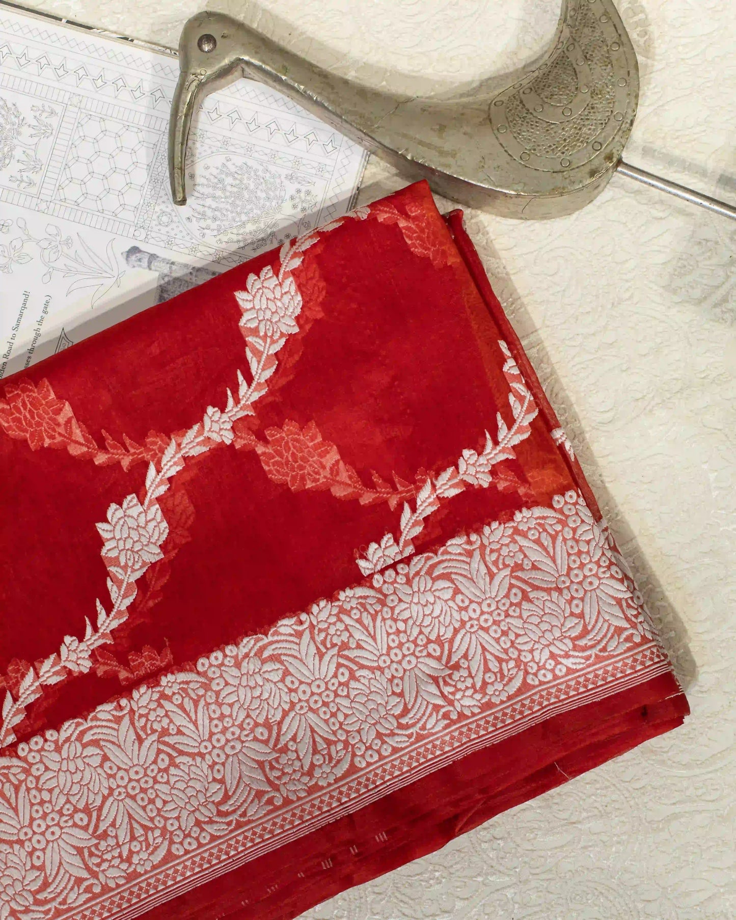 Scarlet Red Handwoven Banarasi Kora Organza Saree