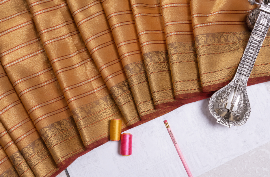 Classic Rust & Dull Gold Banarasi Silk Tissue Saree