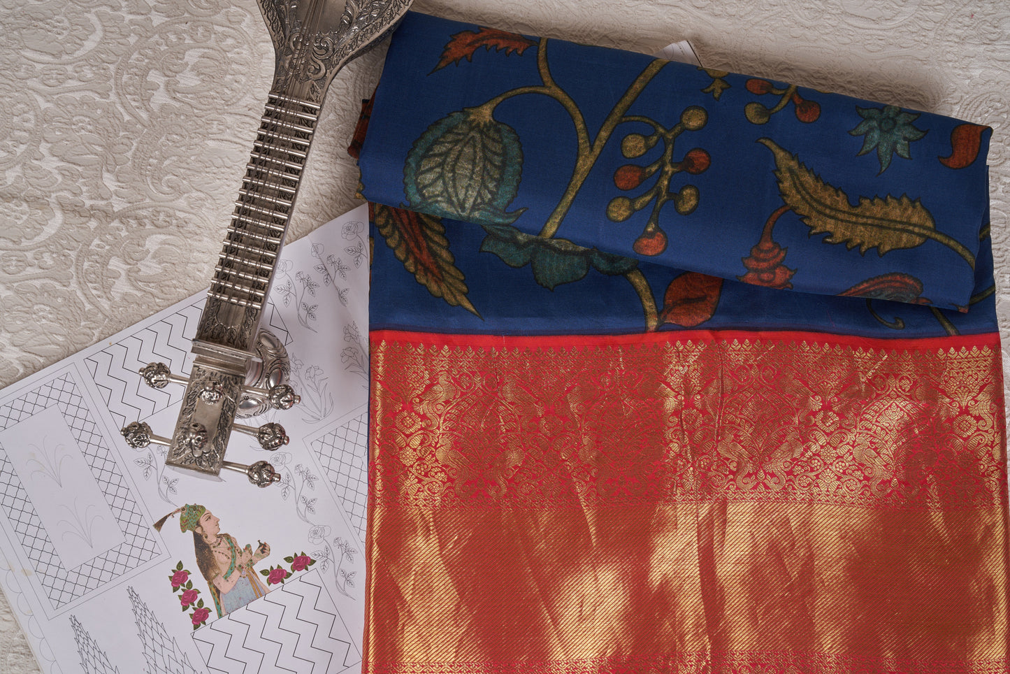 Navy Blue Kalamkari Saree with Kanjivaram Border