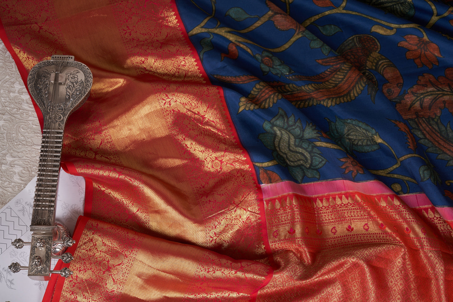 Navy Blue Kalamkari Saree with Kanjivaram Border