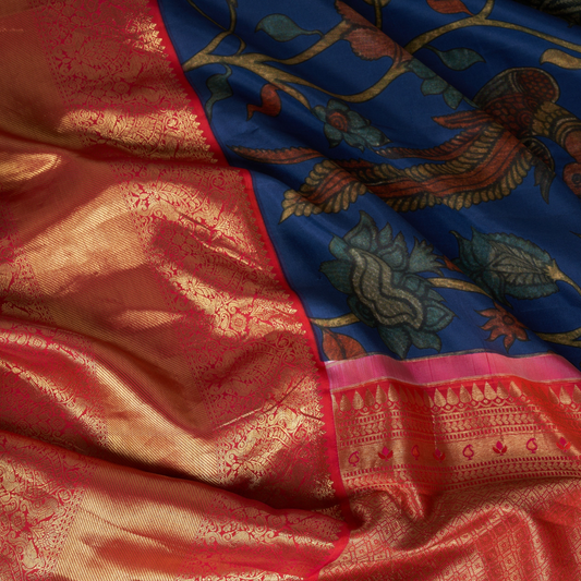 Navy Blue Kalamkari Saree with Kanjivaram Border