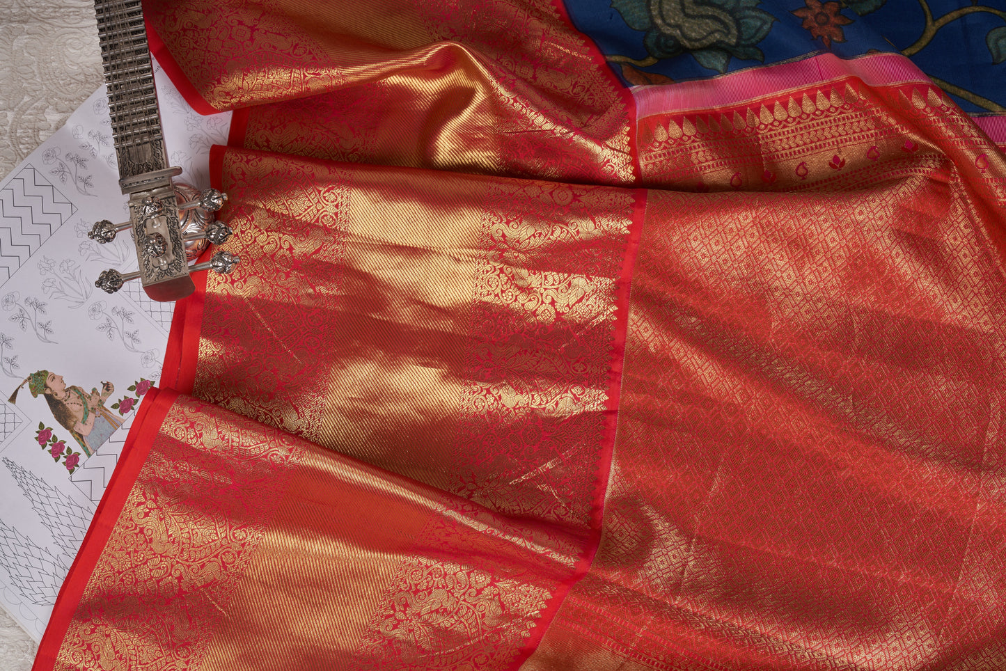 Navy Blue Kalamkari Saree with Kanjivaram Border