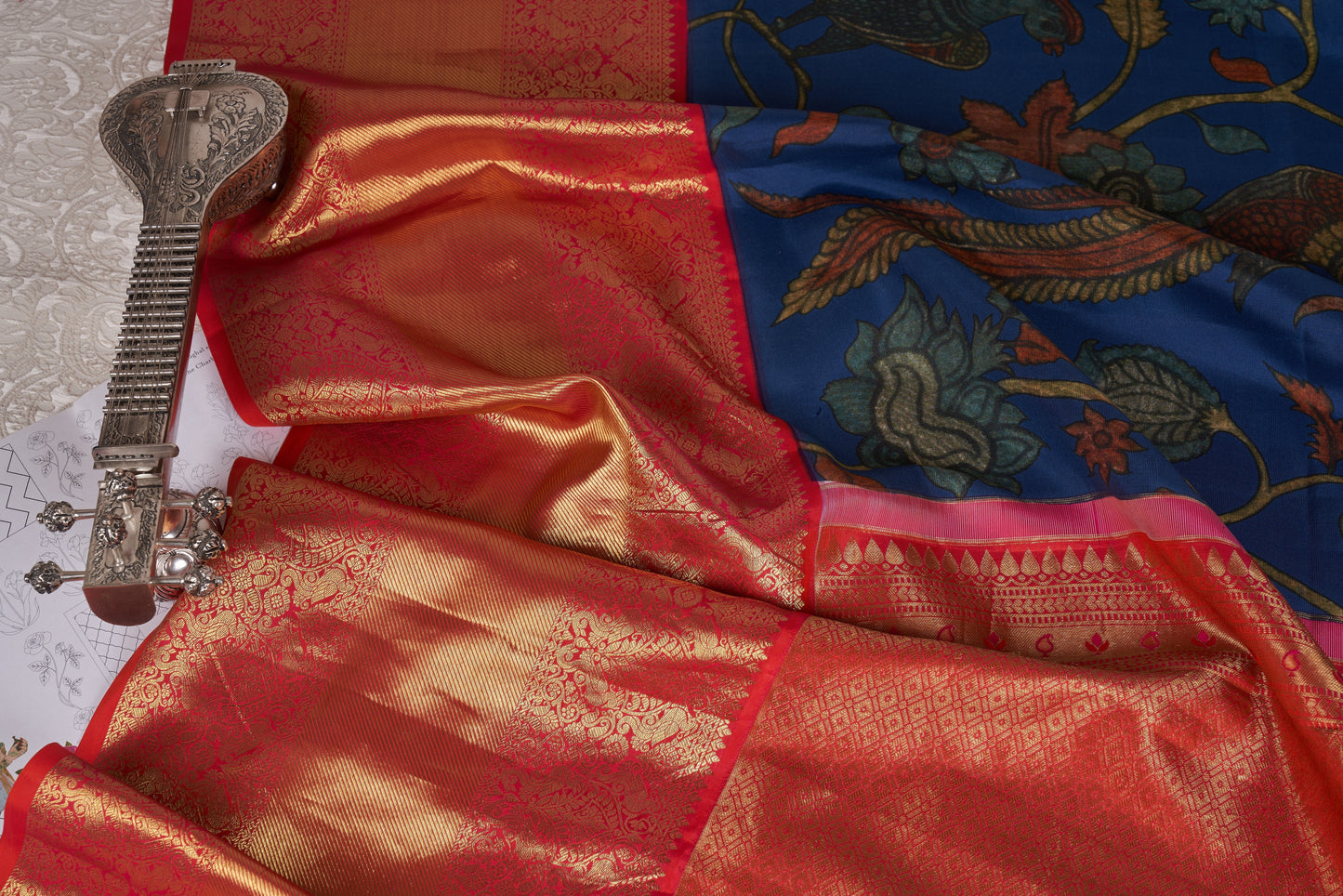 Navy Blue Kalamkari Saree with Kanjivaram Border