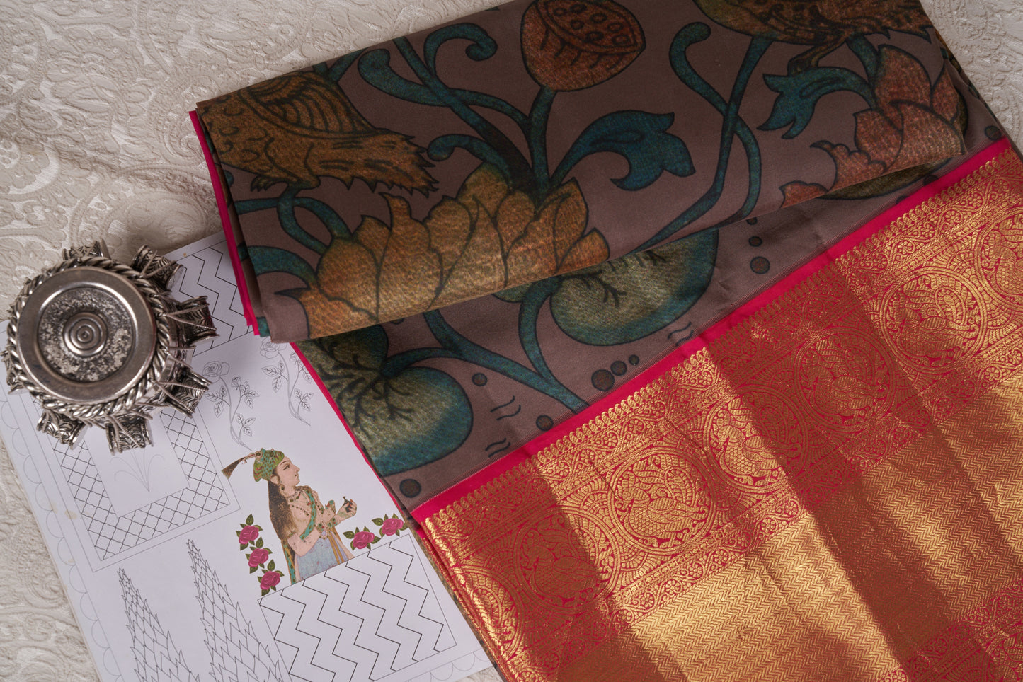 Taupe Kalamkari Saree with Kanjivaram Border