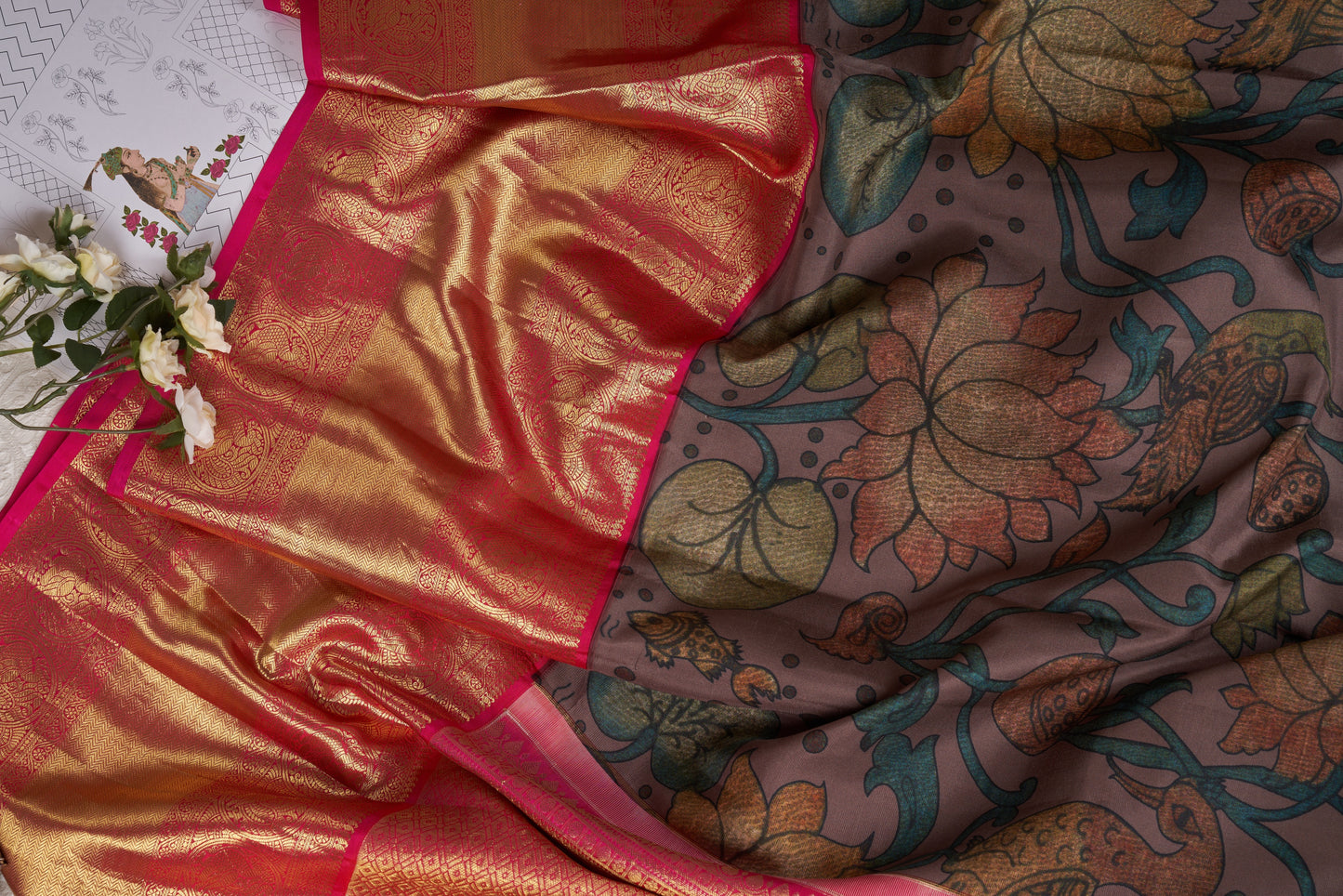 Taupe Kalamkari Saree with Kanjivaram Border