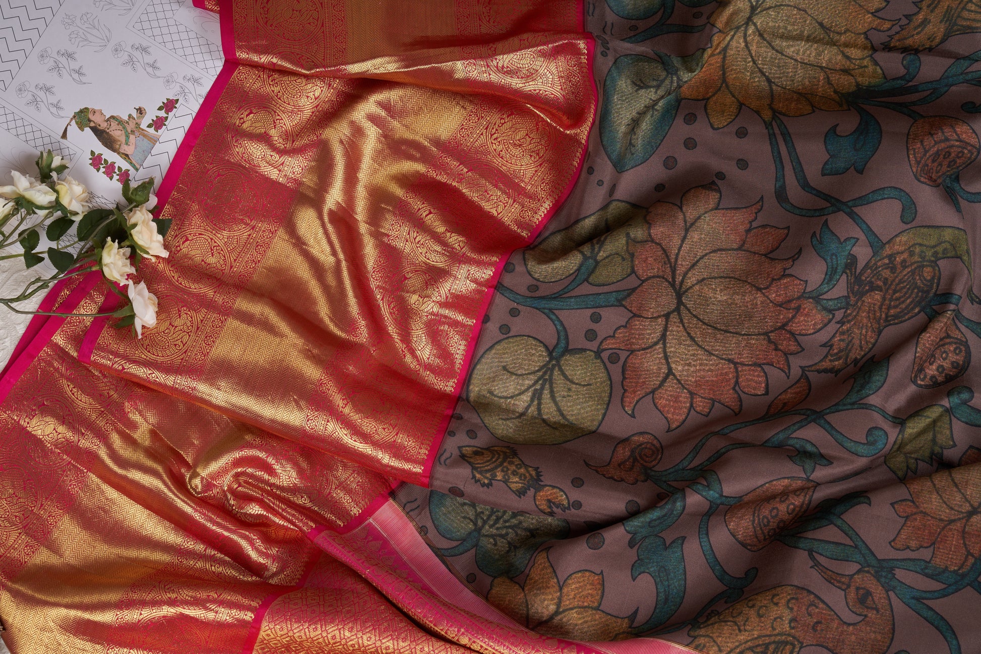 Taupe Kalamkari Saree with Kanjivaram Border