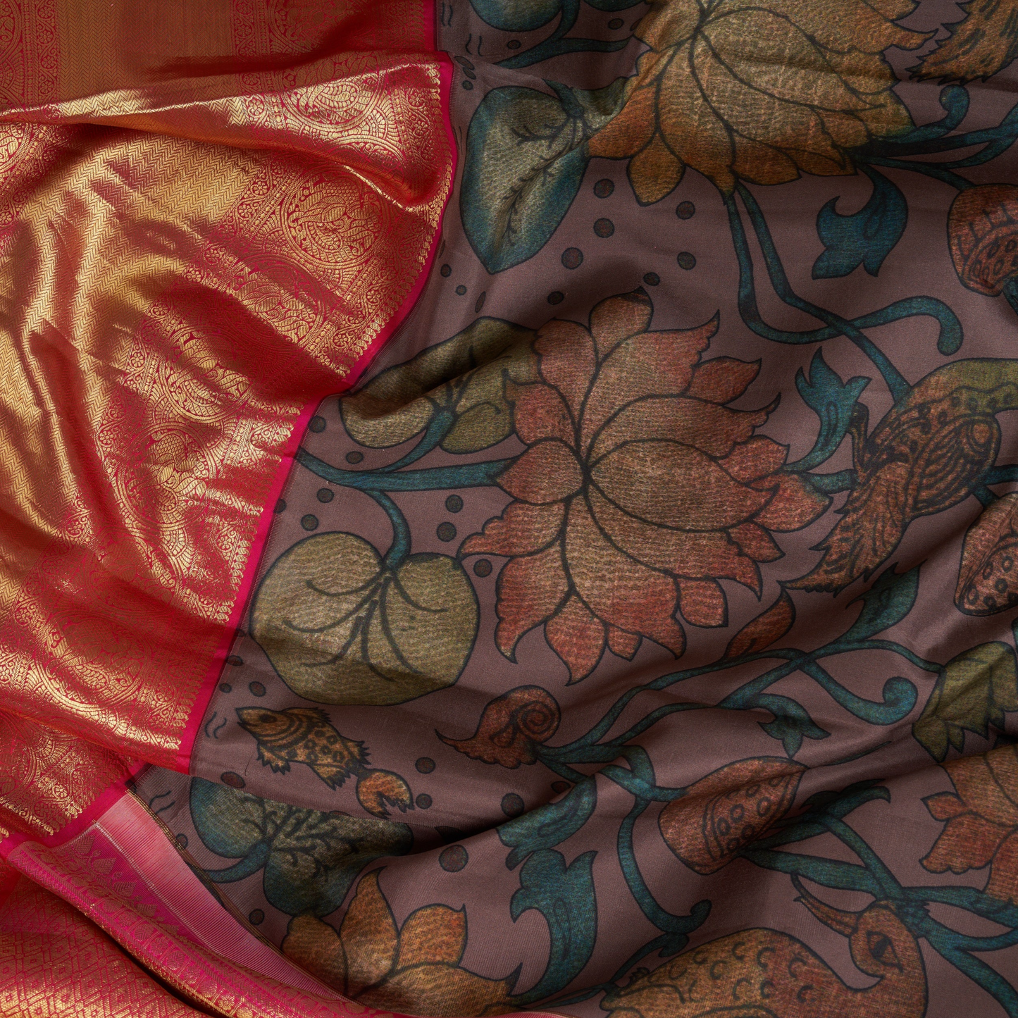 Taupe Kalamkari Saree with Kanjivaram Border