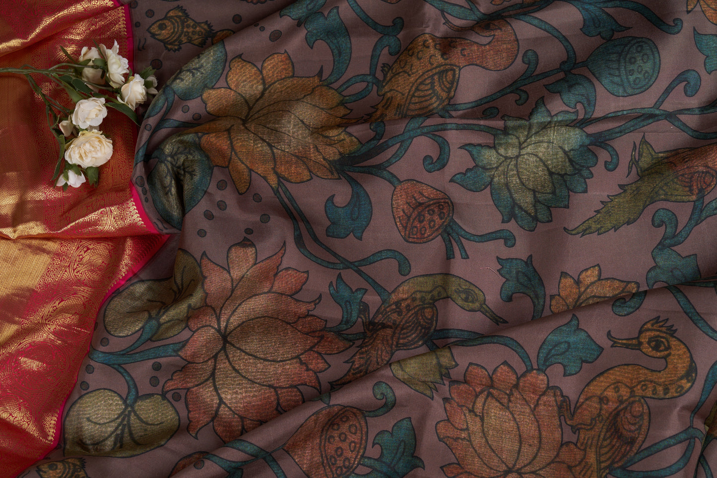 Taupe Kalamkari Saree with Kanjivaram Border