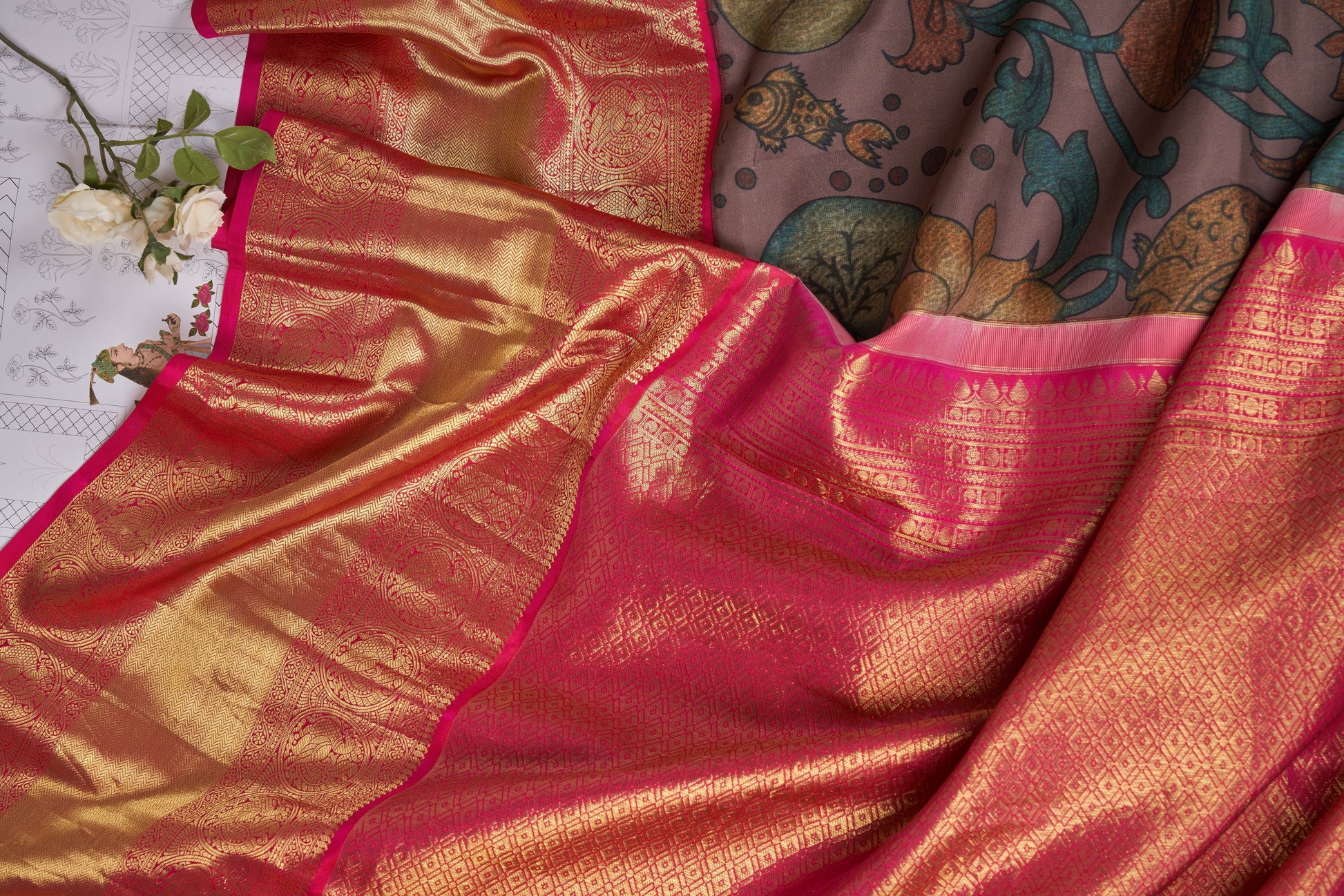 Taupe Kalamkari Saree with Kanjivaram Border