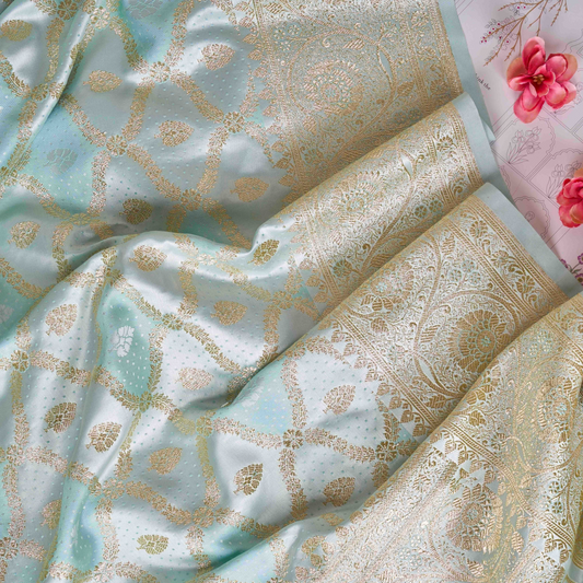 Powder Blue Mushru Kadwa Banarasi Silk Saree