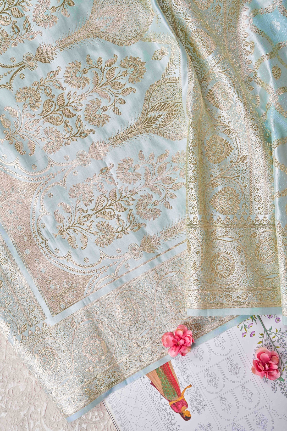 Powder Blue Mushru Kadwa Banarasi Silk Saree