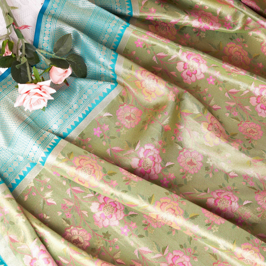 Pista Floral Kanjivaram Tissue Soft Silk Saree