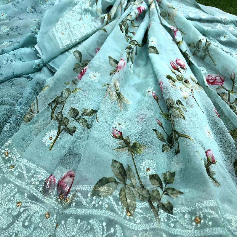 Blue Digitally printed Georgette saree - WeaveinIndia