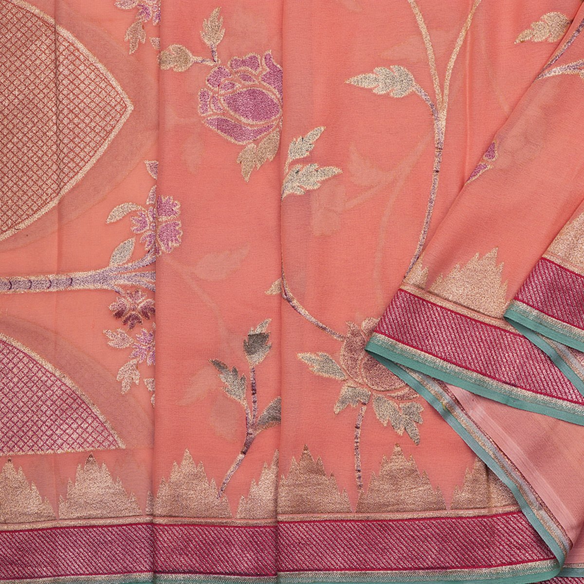Handwoven Coral Banarasi Pure Silk Georgette Sari - WIIEDT3466 08 - Cover View