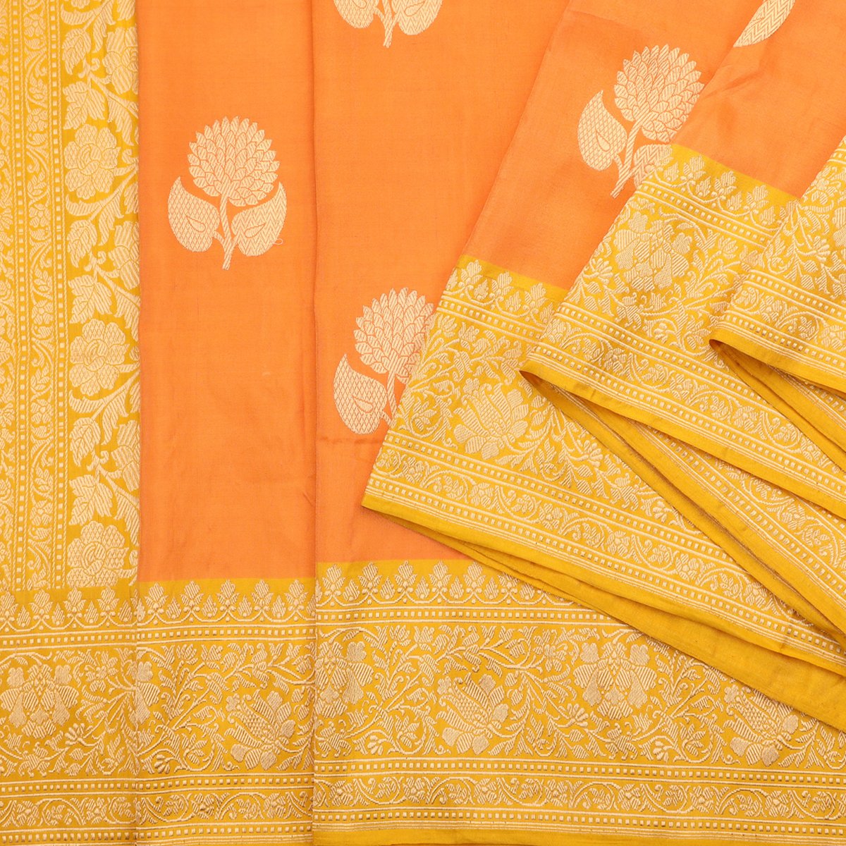 Handwoven Carrot Orange Banarasi Katan Tissue Silk Sari - WIIBT0083 - Cover View