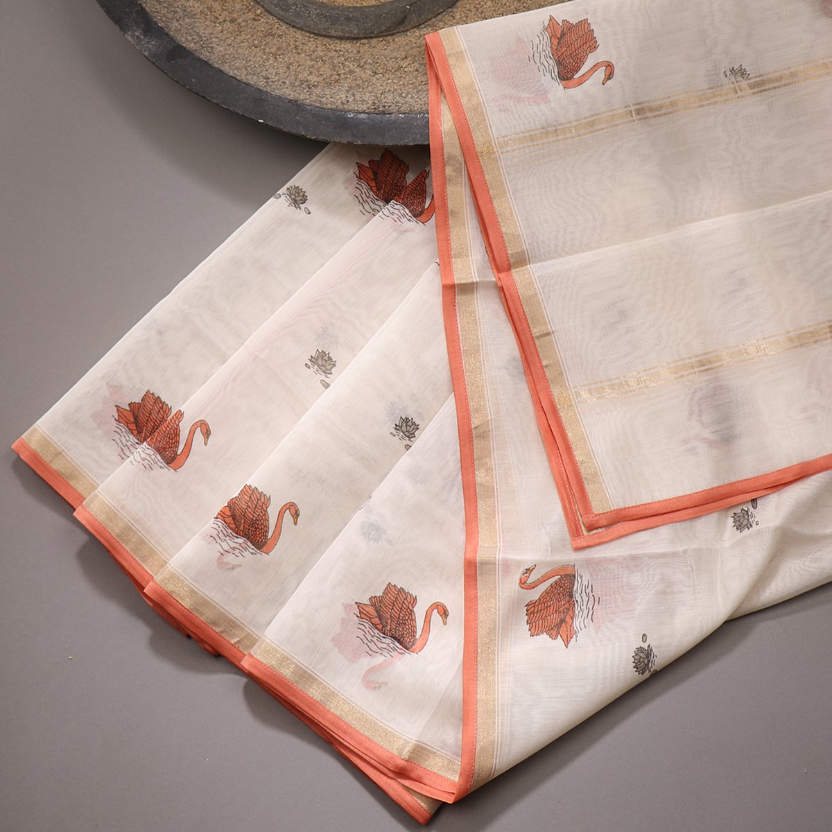 Handwoven Ecru Swan Print Silk Cotton Chanderi Dupatta - WIIAPRI CPRD 06 - Design View