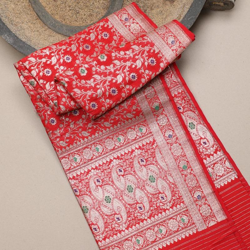 Handwoven Red Banarasi Silk Dupatta - WeaveinIndia