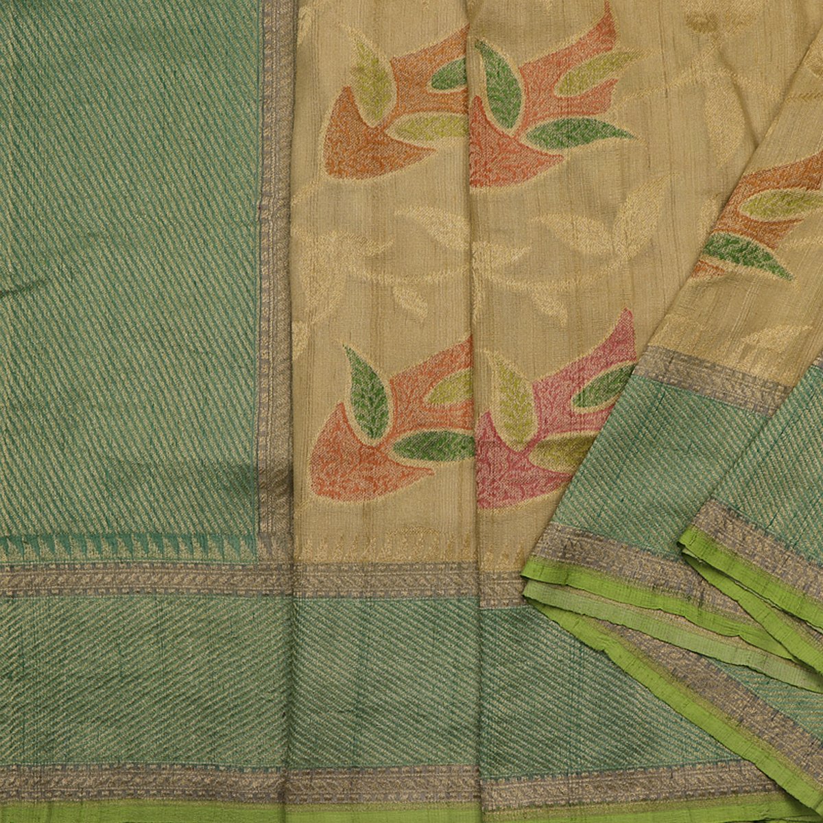 Handwoven Banarasi Khadi Tussar Beige Silk Sari - WIIEDT3446 07 - Cover View