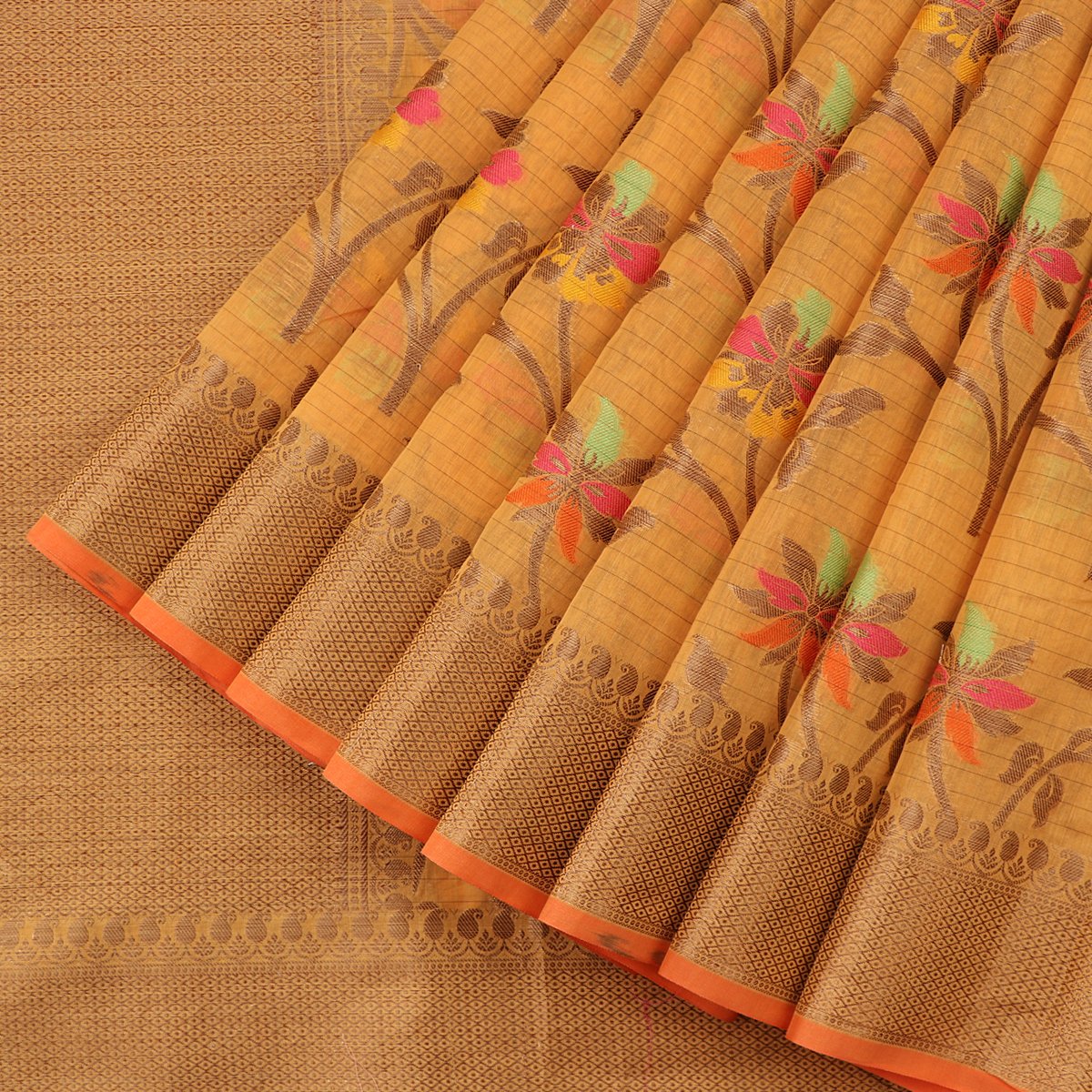 Handwoven Mango Yellow Silk Cotton Chanderi Sari - WIISHNIKARIDNAM0101-5 - Cover View