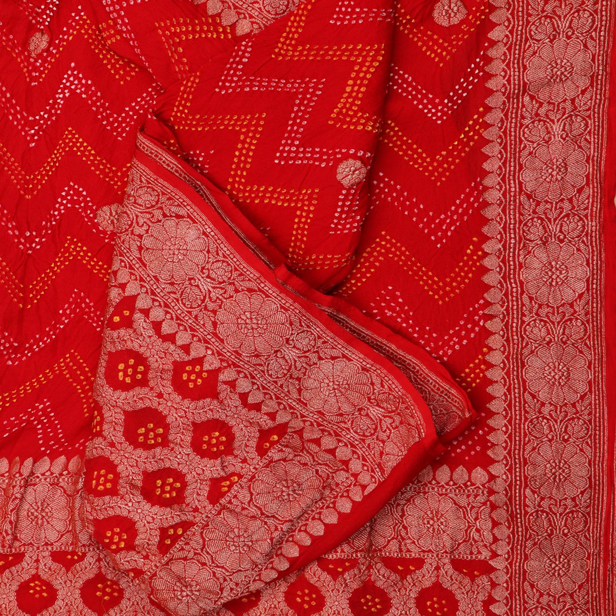 Handwoven Chilli Red Banarasi Bandhini Dupatta - WIIPRK0020 - Cover View