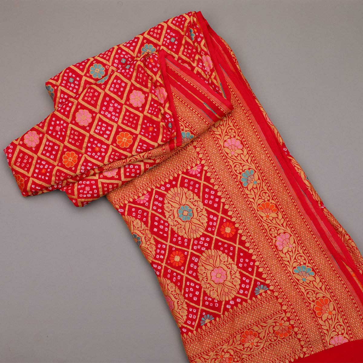 Bright Red Patola Bandhani Dupatta - WeaveinIndia