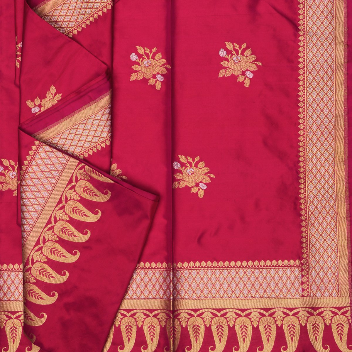 Handwoven Cherry Red Banarasi Katan Silk Dupatta -WIIAM0127(5) - Cover View
