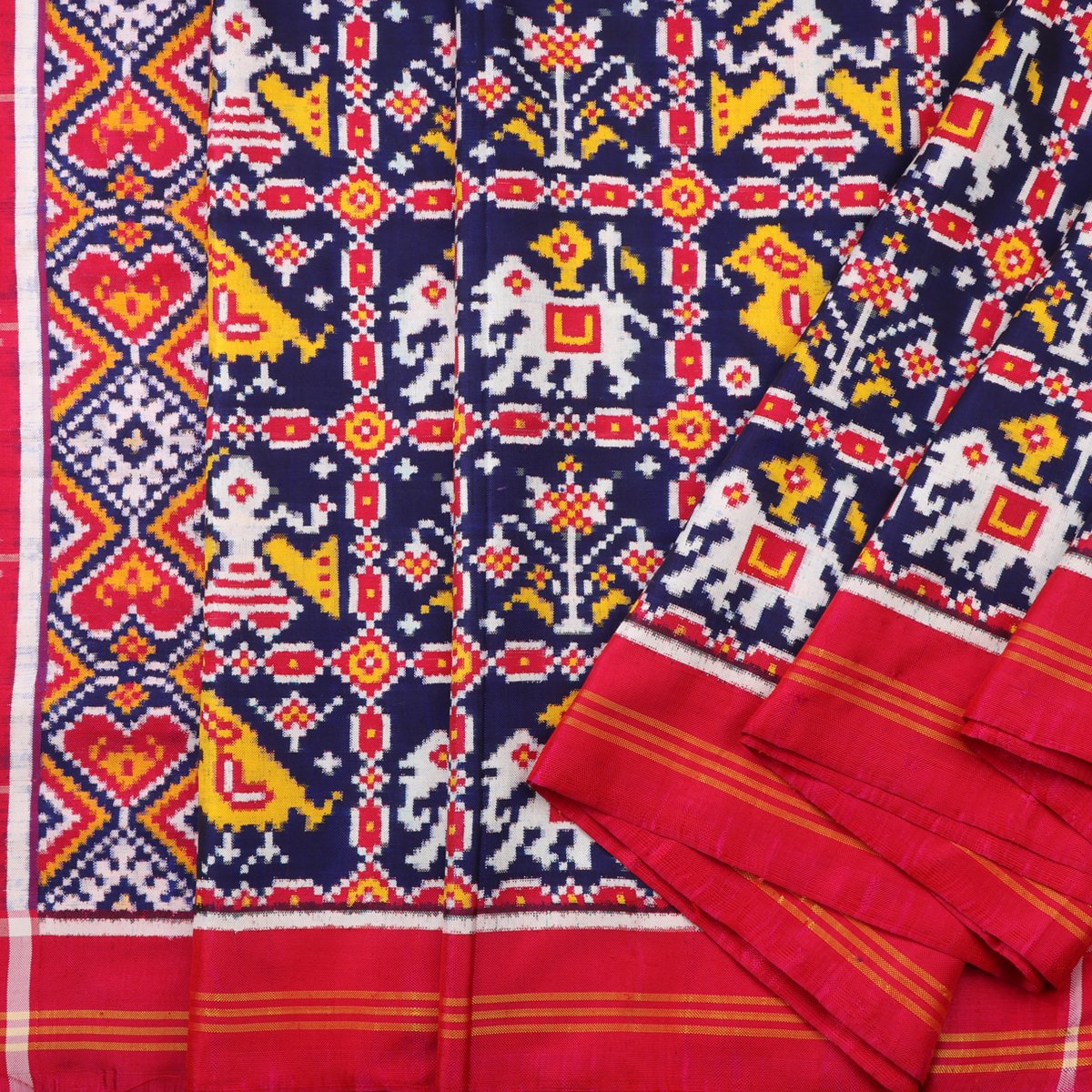 Handwoven Navy Blue Nari-Kunjar 4 Figure Motif Patan Patola Ikat Sari - WIITNKP001 - Cover View