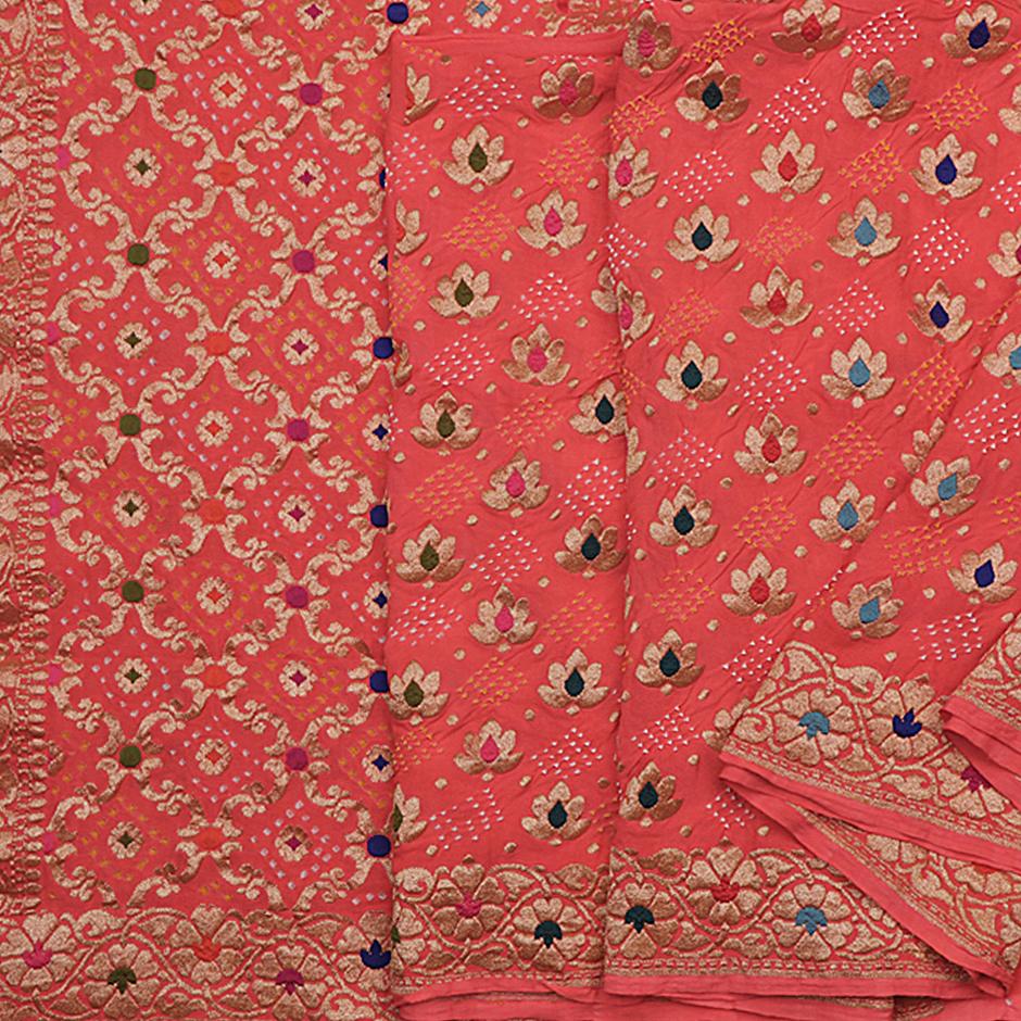 Handwoven Coral Banarasi Bandhani  Meenakari Georgette Sari - WIIAJB092-B - Cover View