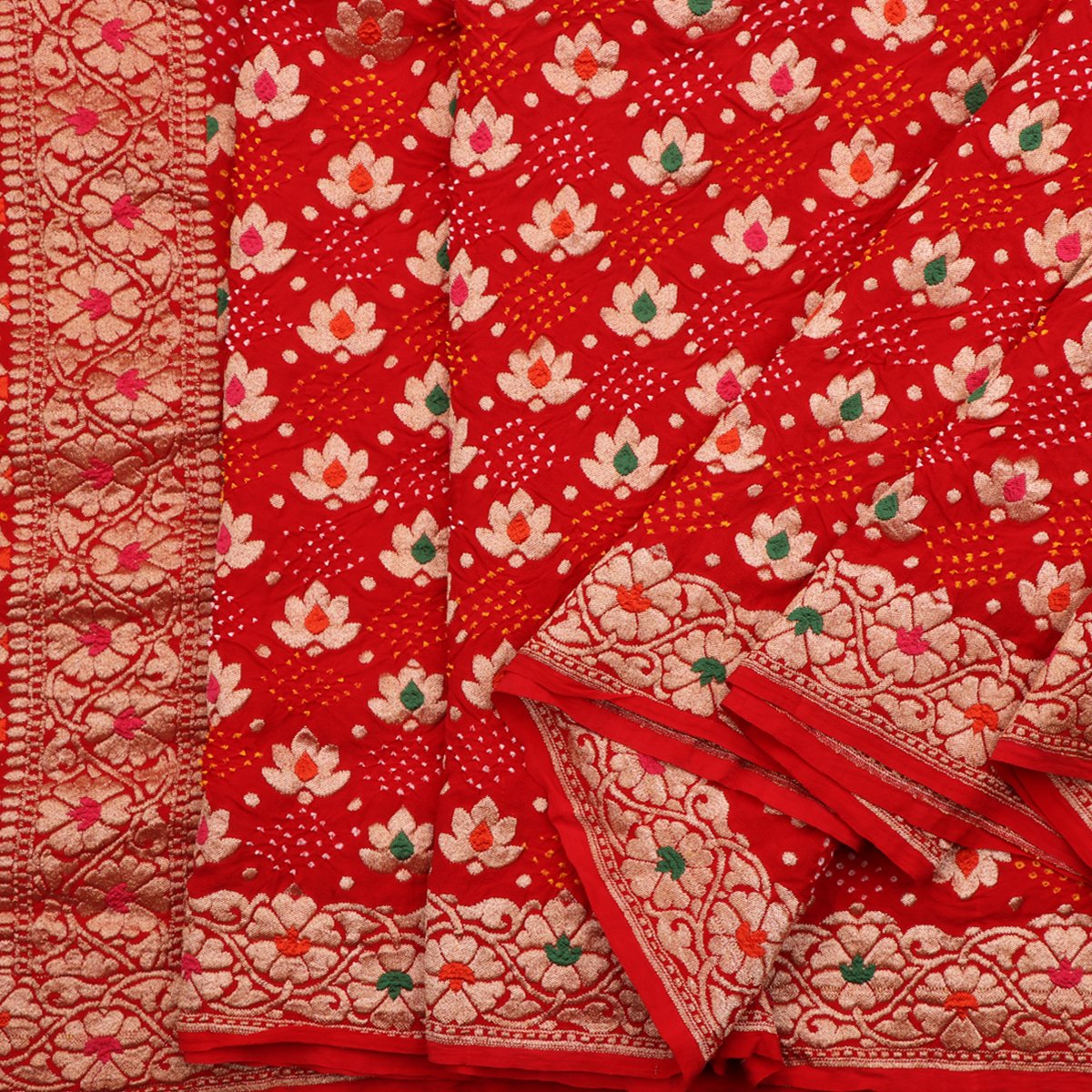 Handwoven Crimson Red Bandhani Banarasi Georgette Sari - WIIAJB099-1 - Cover View